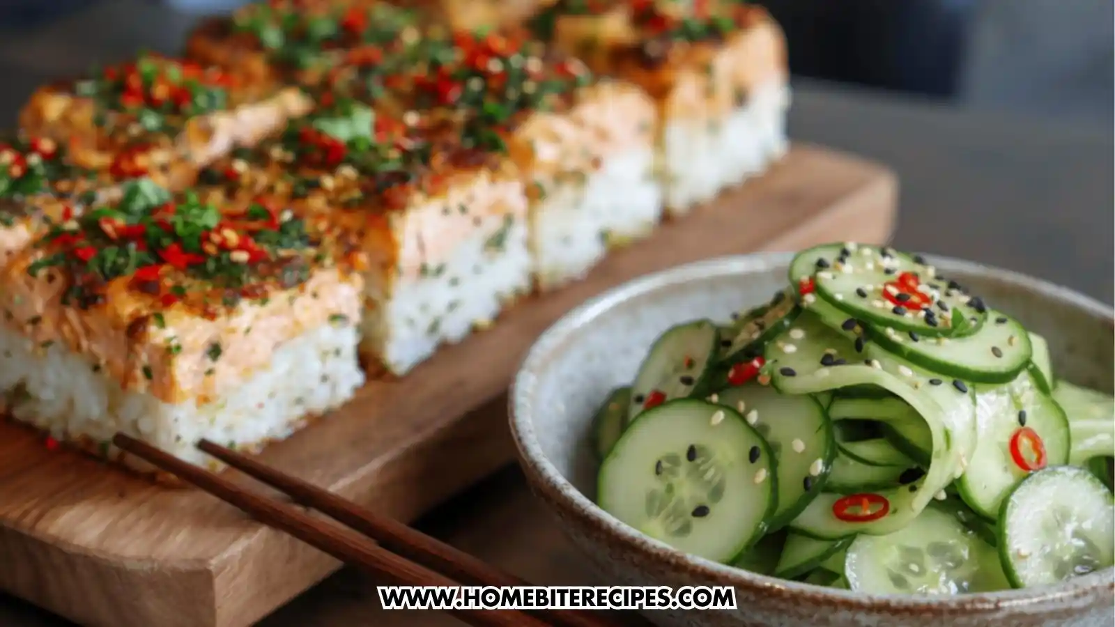Chili-Garlic Salmon Sushi Bake served with with refreshing cucumber salad tossed with rice vinegar, sesame oil, and a hint of sugar in the asiatic way of presentation