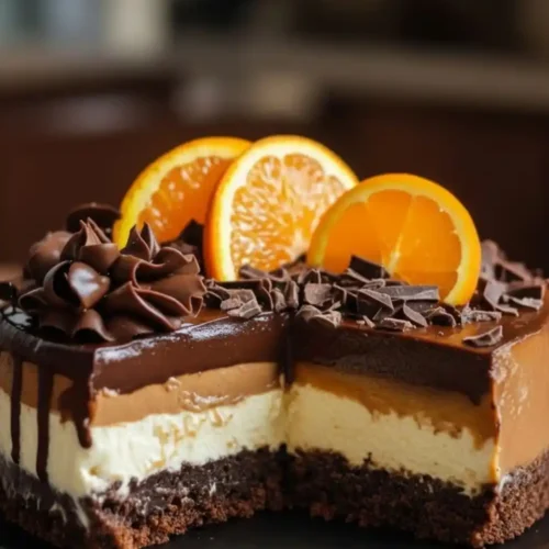 A decadent sliced Chocolate Orange Cheesecake with distinct layers of chocolate crust, vanilla cream, and orange-infused mousse topped with ganache and fresh orange slices.