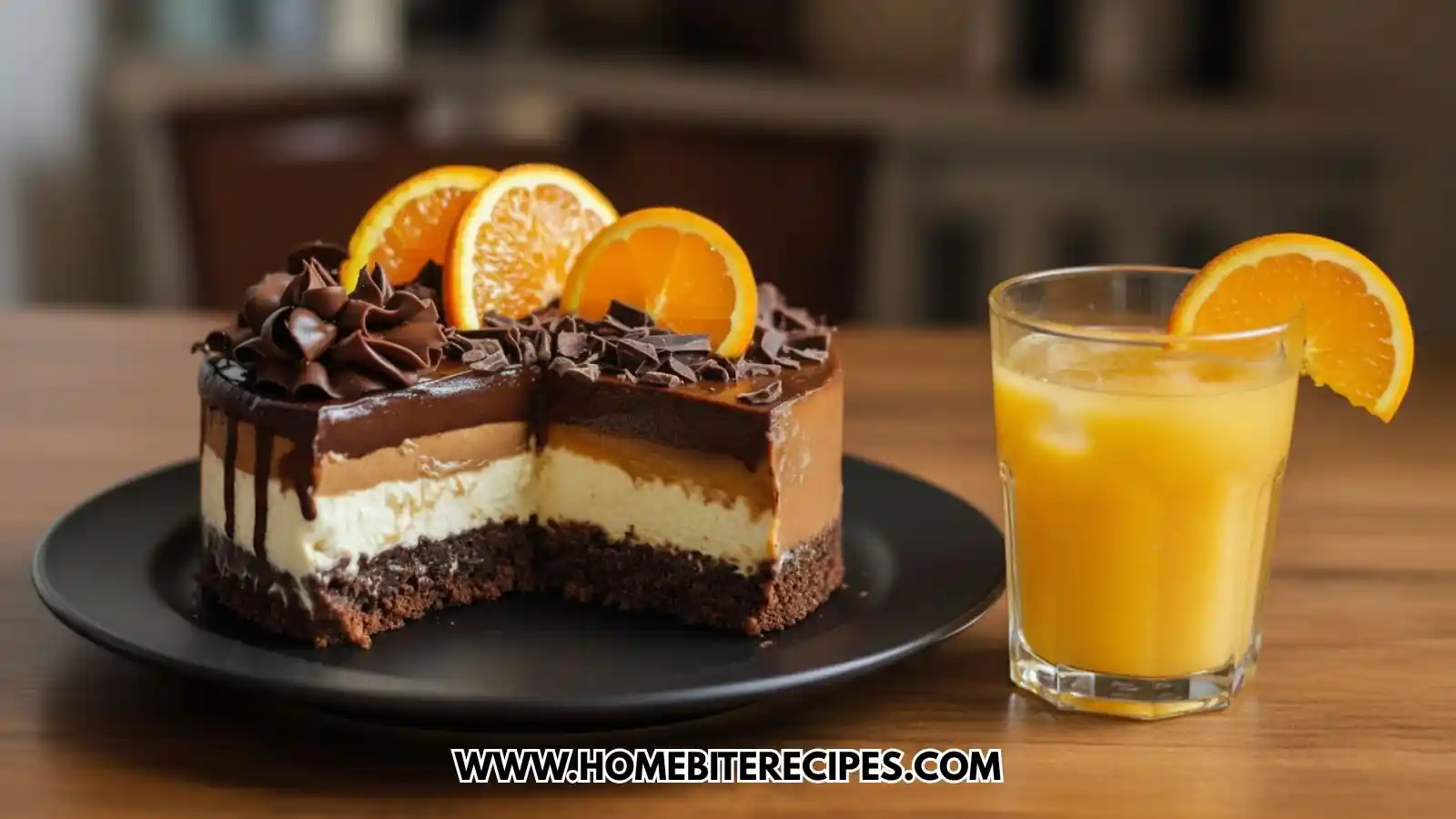 A decadent sliced Chocolate Orange Cheesecake with distinct layers of chocolate crust, vanilla cream, and orange-infused mousse topped with ganache and fresh orange slices with orange juice aside.