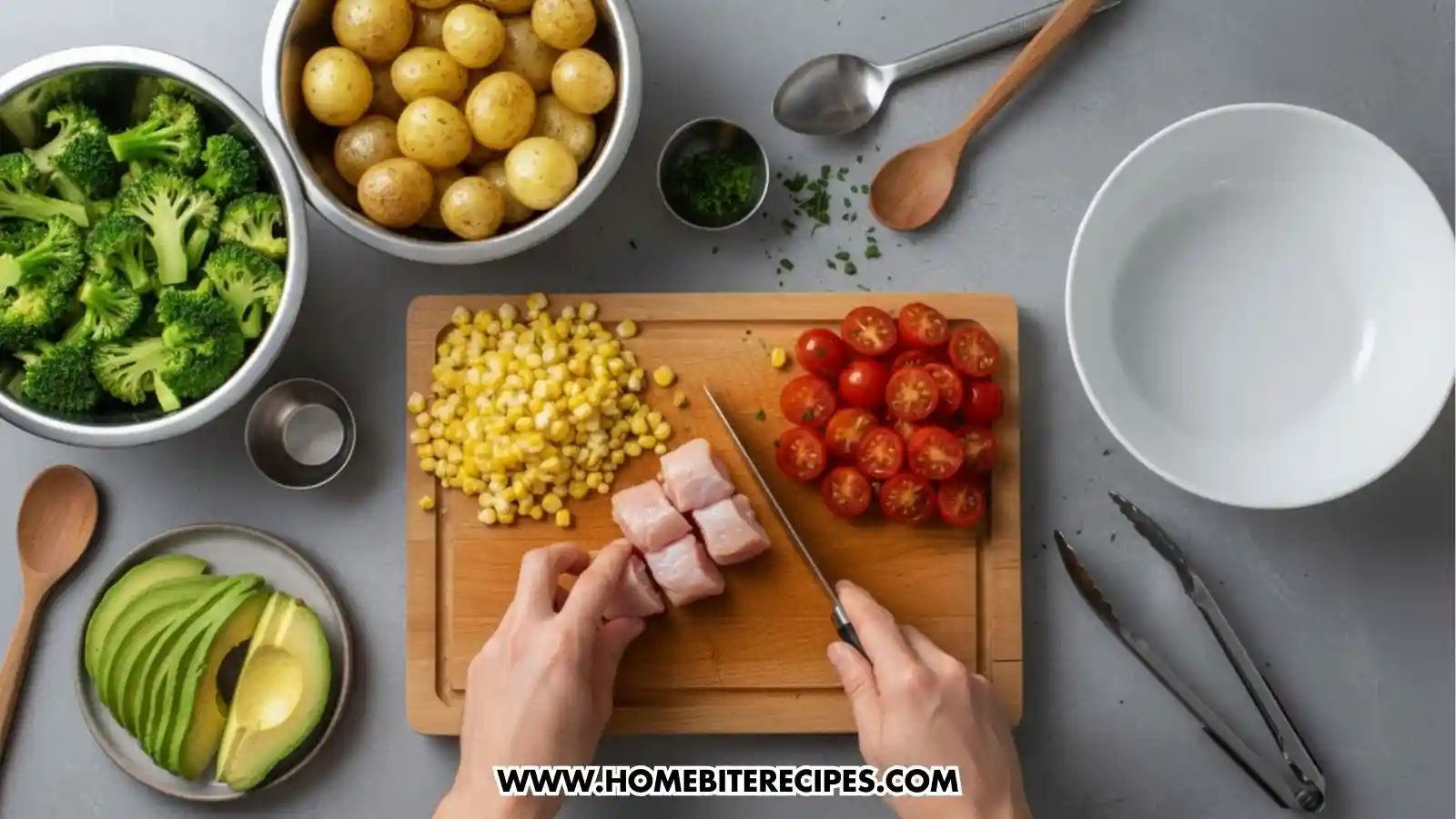 A top-down view of a meal preparation setup on a grey countertop. In the center, a person’s hands are using a knife to slice raw chicken cubes on a wooden cutting board, flanked by piles of yellow corn and halved cherry tomatoes. Surrounding the board are stainless steel bowls filled with fresh broccoli florets and small yellow potatoes, a plate of sliced avocado, a small dish of chopped herbs, and various kitchen tools including wooden spoons and metal tongs