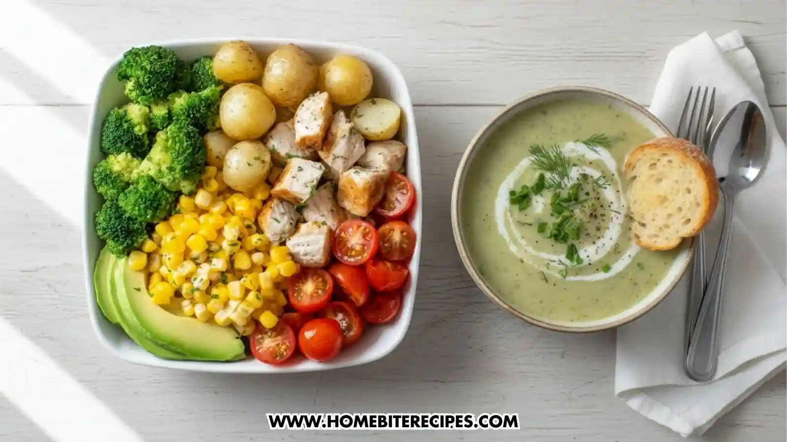 Clean eating chicken bowl with grilled chicken, baby potatoes, broccoli, corn, avocado slices, and cherry tomatoes served with zucchini soup