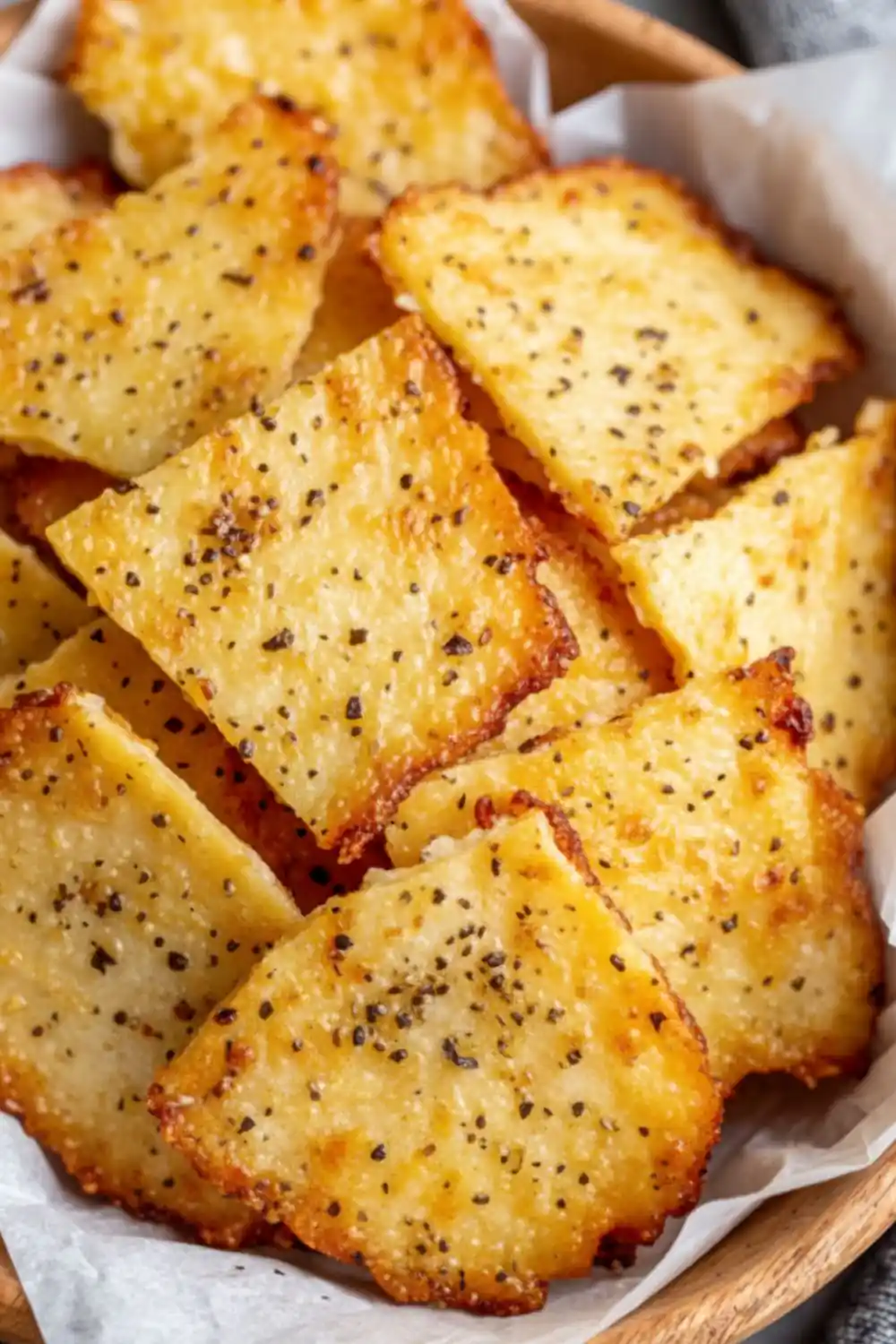 A close-up of crispy, golden-brown Cottage Cheese Chips seasoned with cracked black pepper in a wooden bowl.