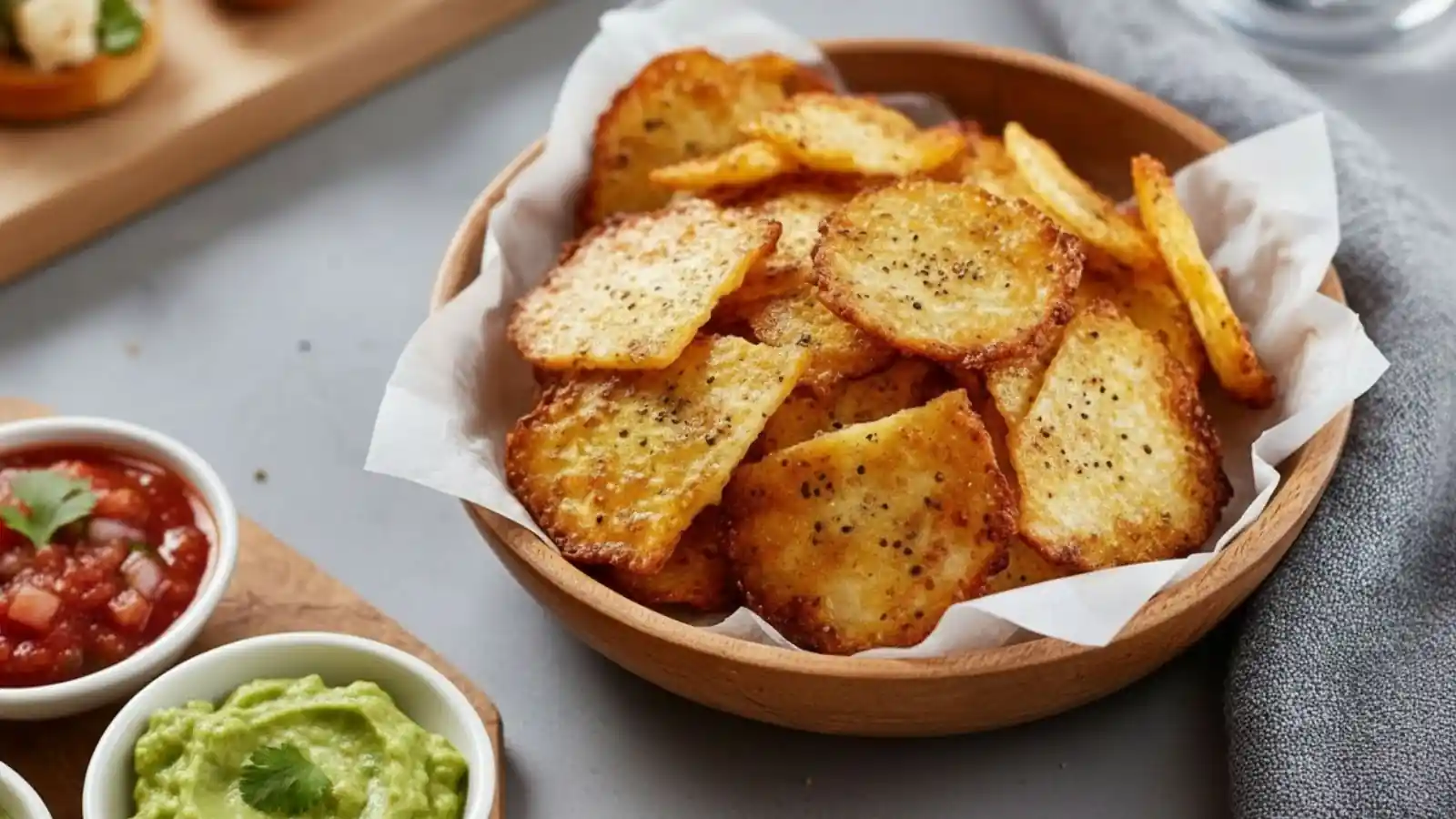 A wooden bowl filled with crispy Cottage Cheese Chips seasoned with black pepper, served alongside fresh salsa and guacamole