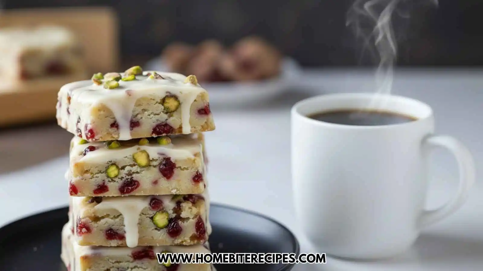 A tall stack of four square Cranberry Pistachio Shortbread Cookies featuring a white chocolate glaze, dried cranberries, and chopped green pistachios with a cup of coffee.