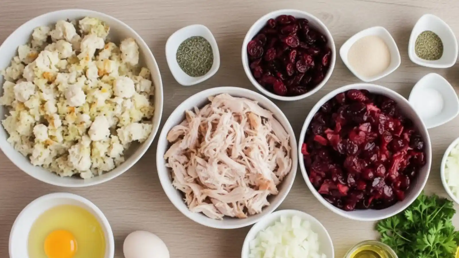 A flat-lay arrangement of bowls containing shredded turkey, bread stuffing, dried cranberries, and fresh herbs—essential ingredients for Cranberry Turkey Stuffing Balls.