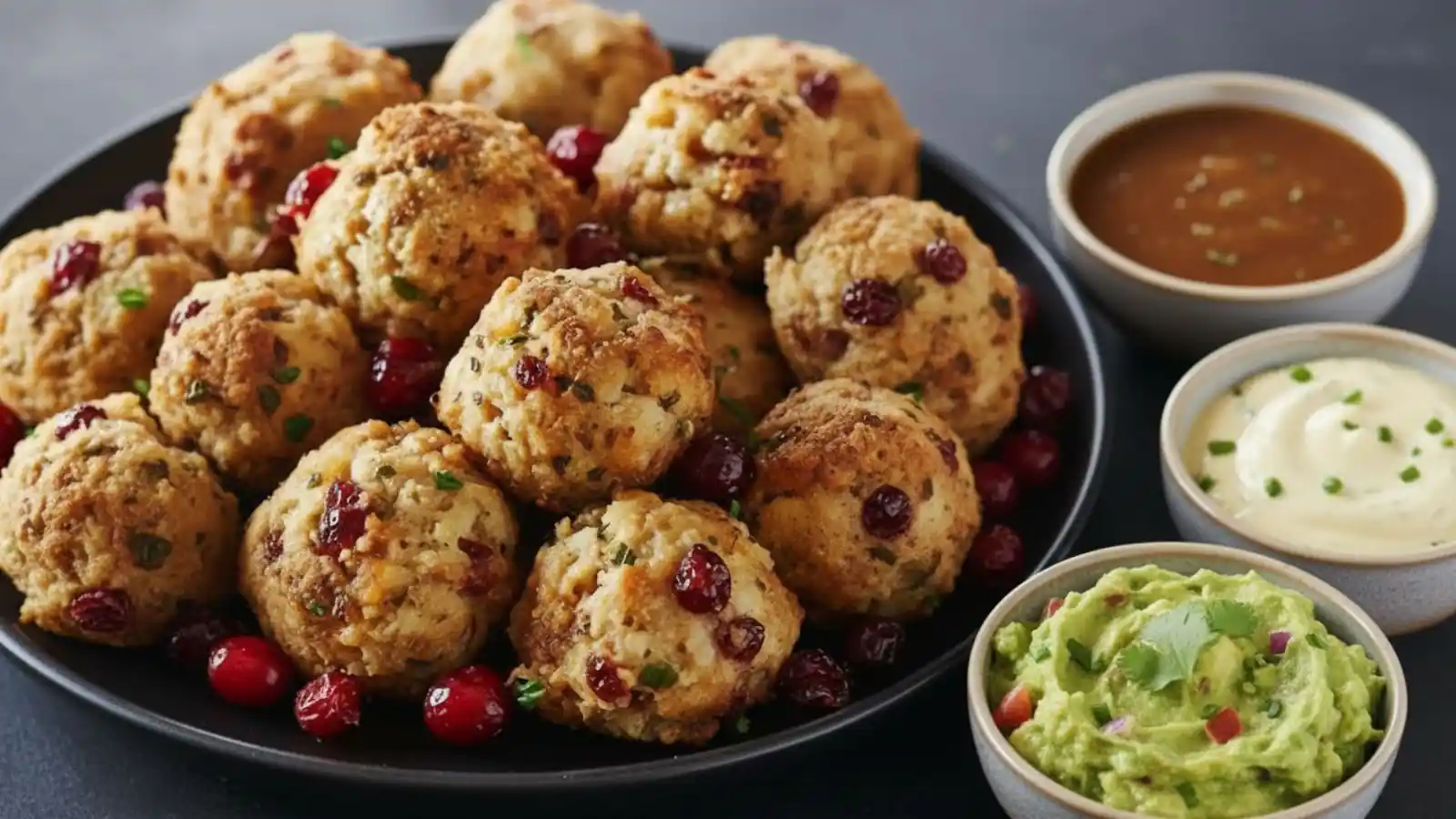 Golden-brown Cranberry Turkey Stuffing Balls garnished with fresh herbs and whole red cranberries on a dark plate with sauces