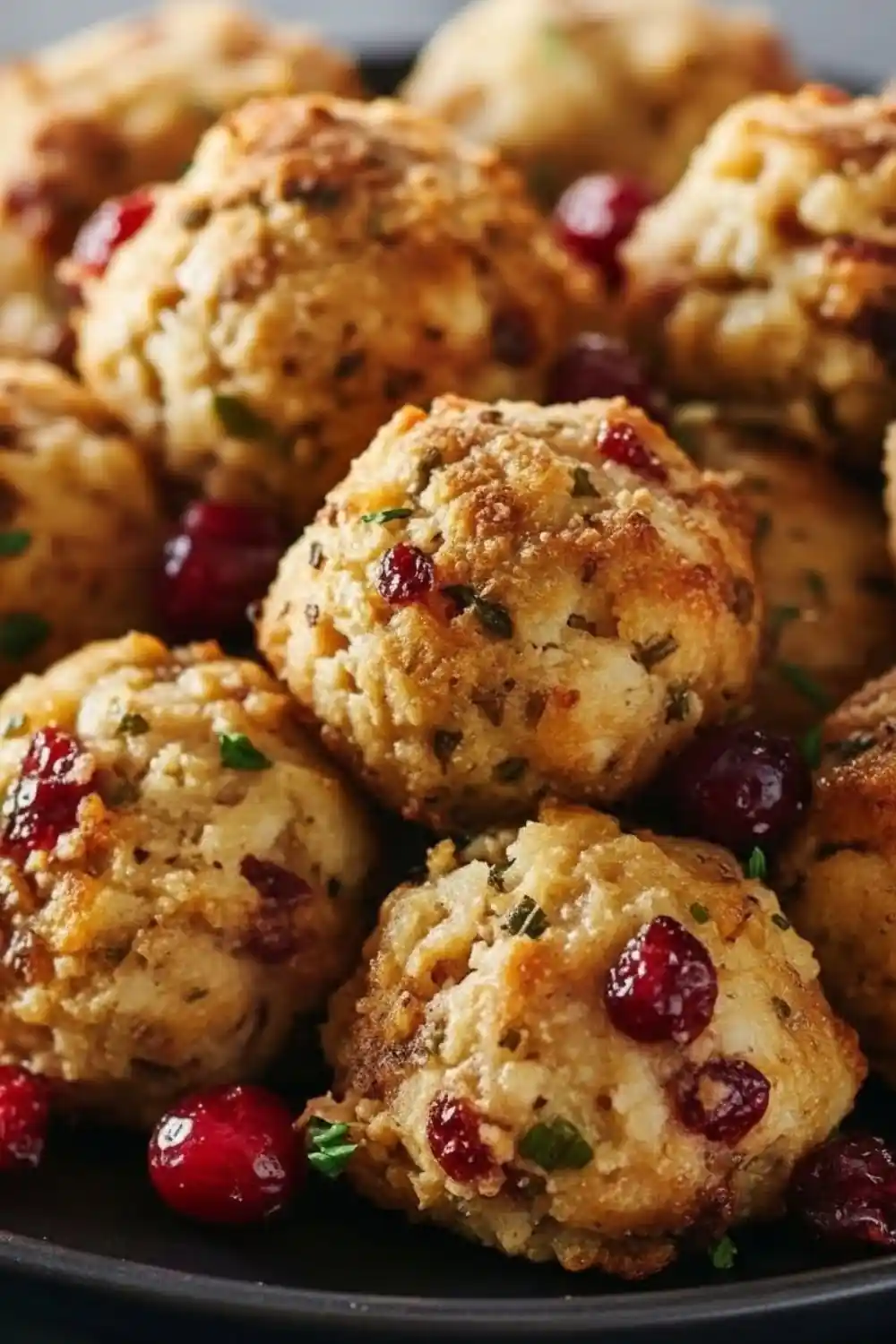 Golden-brown Cranberry Turkey Stuffing Balls garnished with fresh herbs and whole red cranberries on a dark plate
