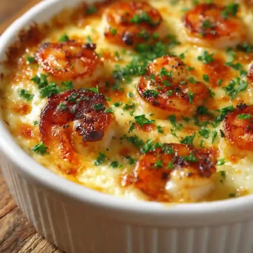 A creamy baked garlic shrimp casserole topped with golden-brown seared shrimp and freshly chopped parsley in a white ceramic baking dish.
