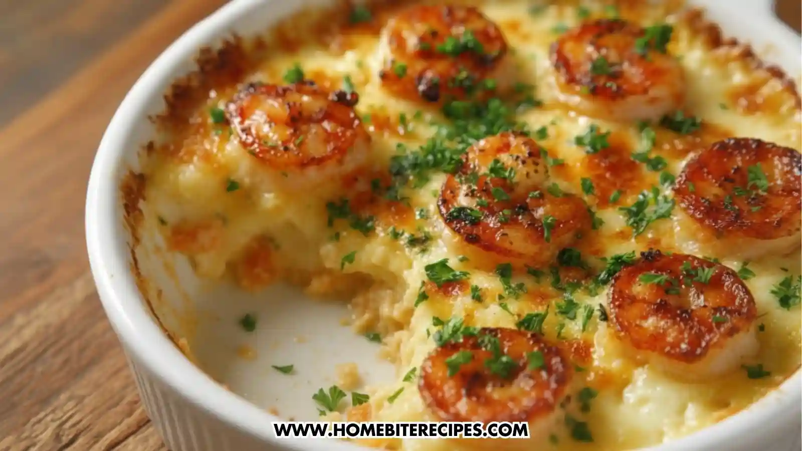 A creamy baked garlic shrimp casserole topped with golden-brown seared shrimp and freshly chopped parsley in a white ceramic baking dish.