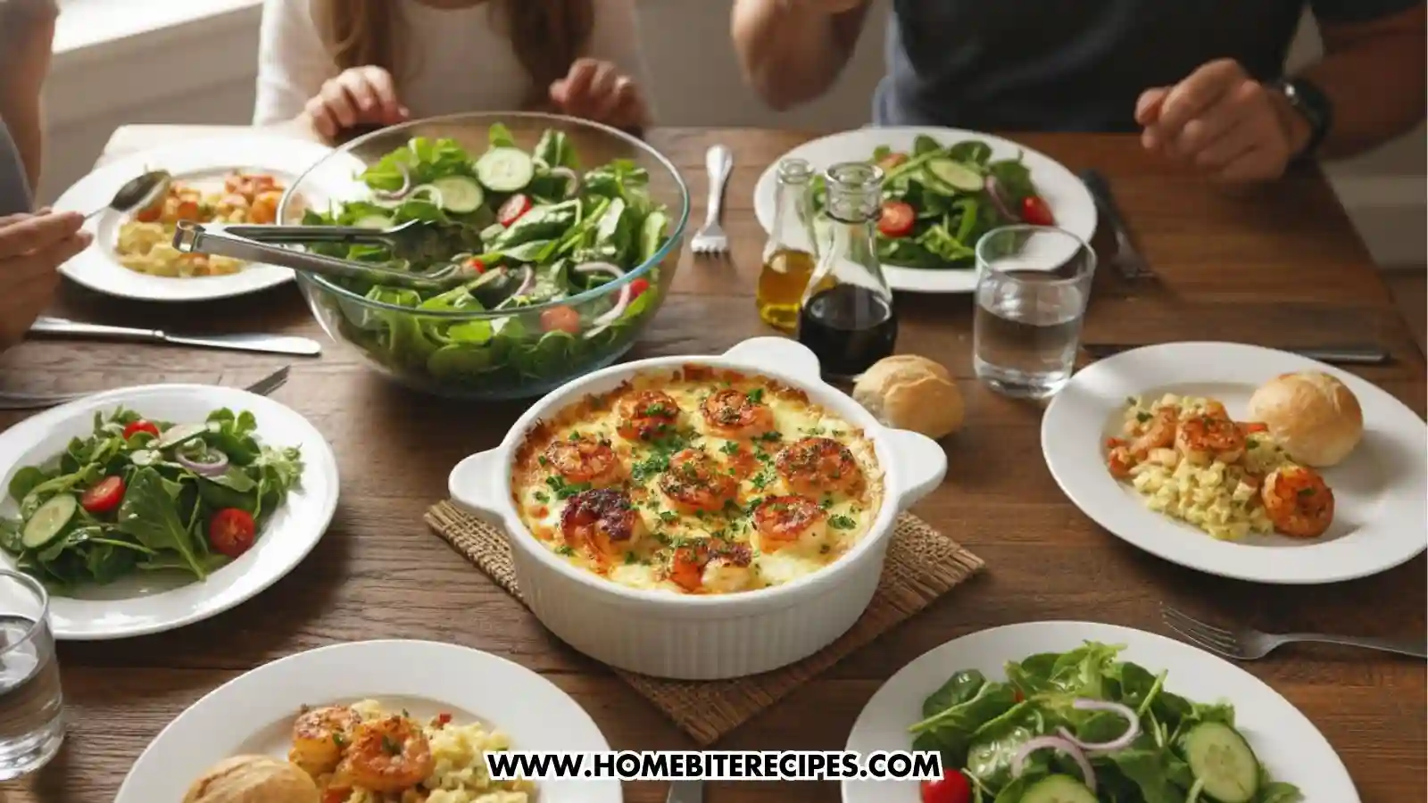 A creamy baked garlic shrimp casserole topped with golden-brown seared shrimp and freshly chopped parsley in a white ceramic baking dish served for family dinner