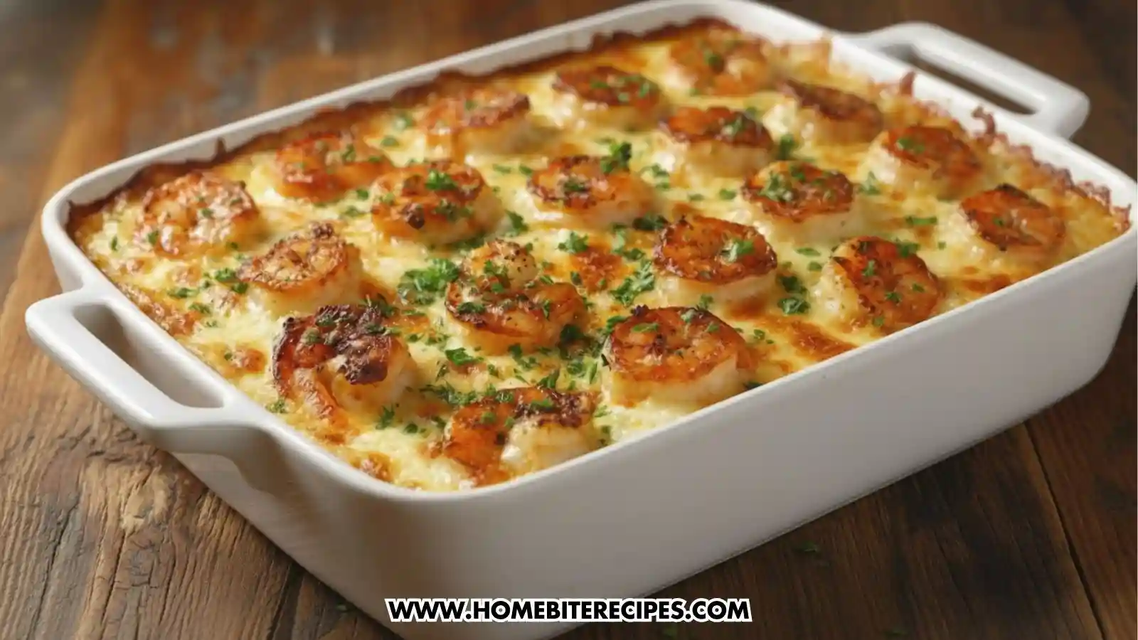 A creamy baked garlic shrimp casserole topped with golden-brown seared shrimp and freshly chopped parsley in a white ceramic baking dish.