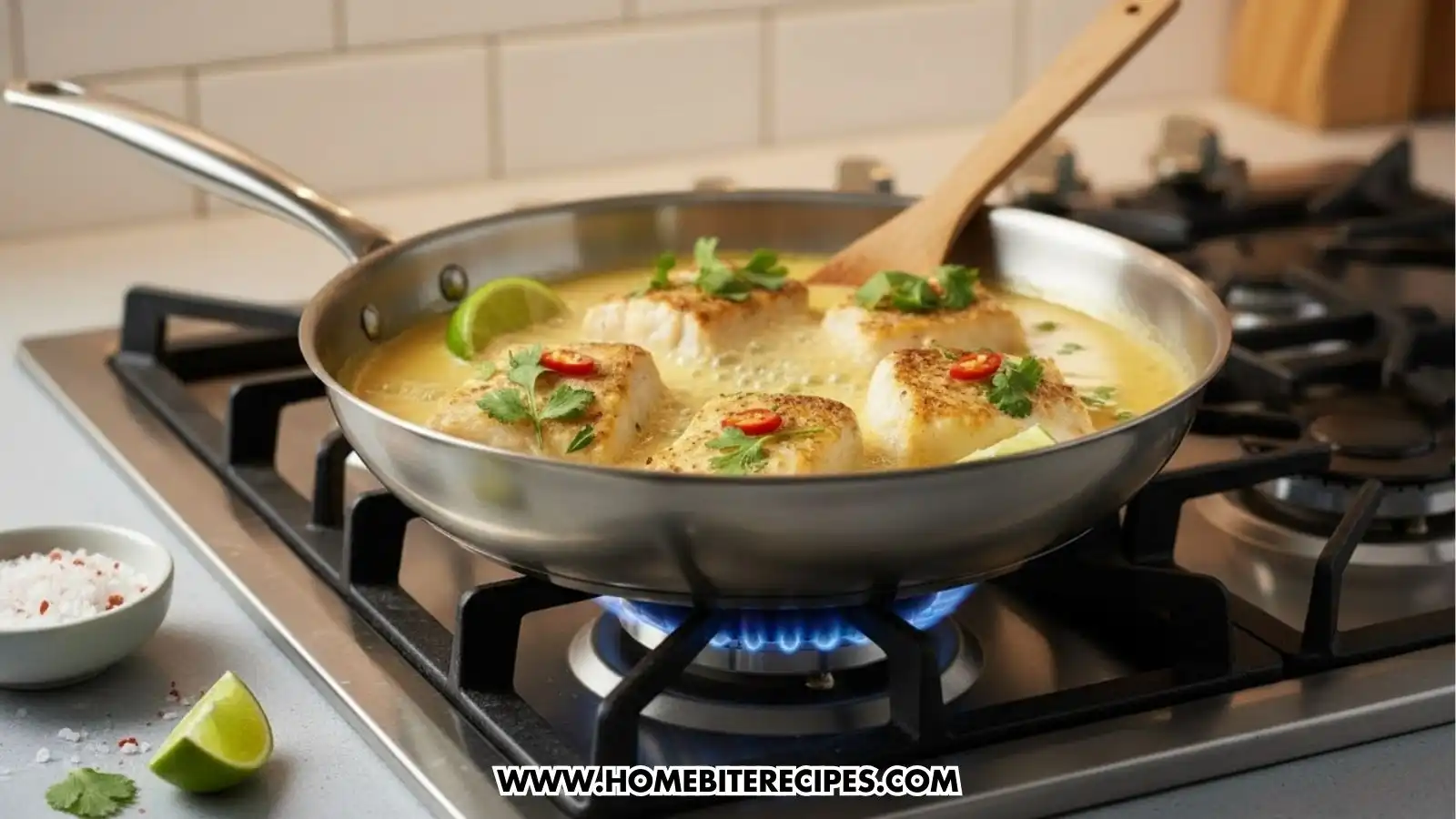 Four pan-seared cod fillets simmering in a vibrant yellow coconut lime sauce in a stainless steel skillet on a gas stovetop. The fish is topped with fresh cilantro and red chili slices. A wooden spatula rests in the pan, and the blue flame of the burner is visible underneath.