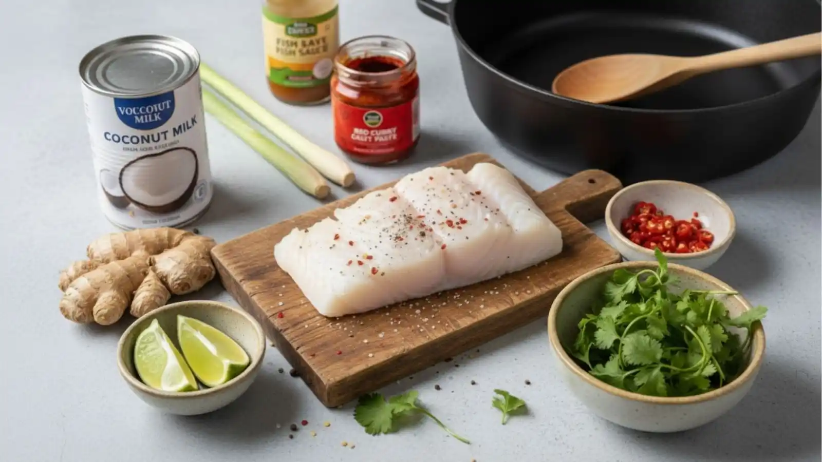 An overhead shot of ingredients for Coconut Lime Cod arranged on a grey countertop. Includes a fresh cod fillet on a wooden board, a can of coconut milk, fresh ginger root, lemongrass stalks, a jar of red curry paste, fish sauce, sliced red chilies, fresh cilantro, and lime wedges next to a black cast-iron skillet.