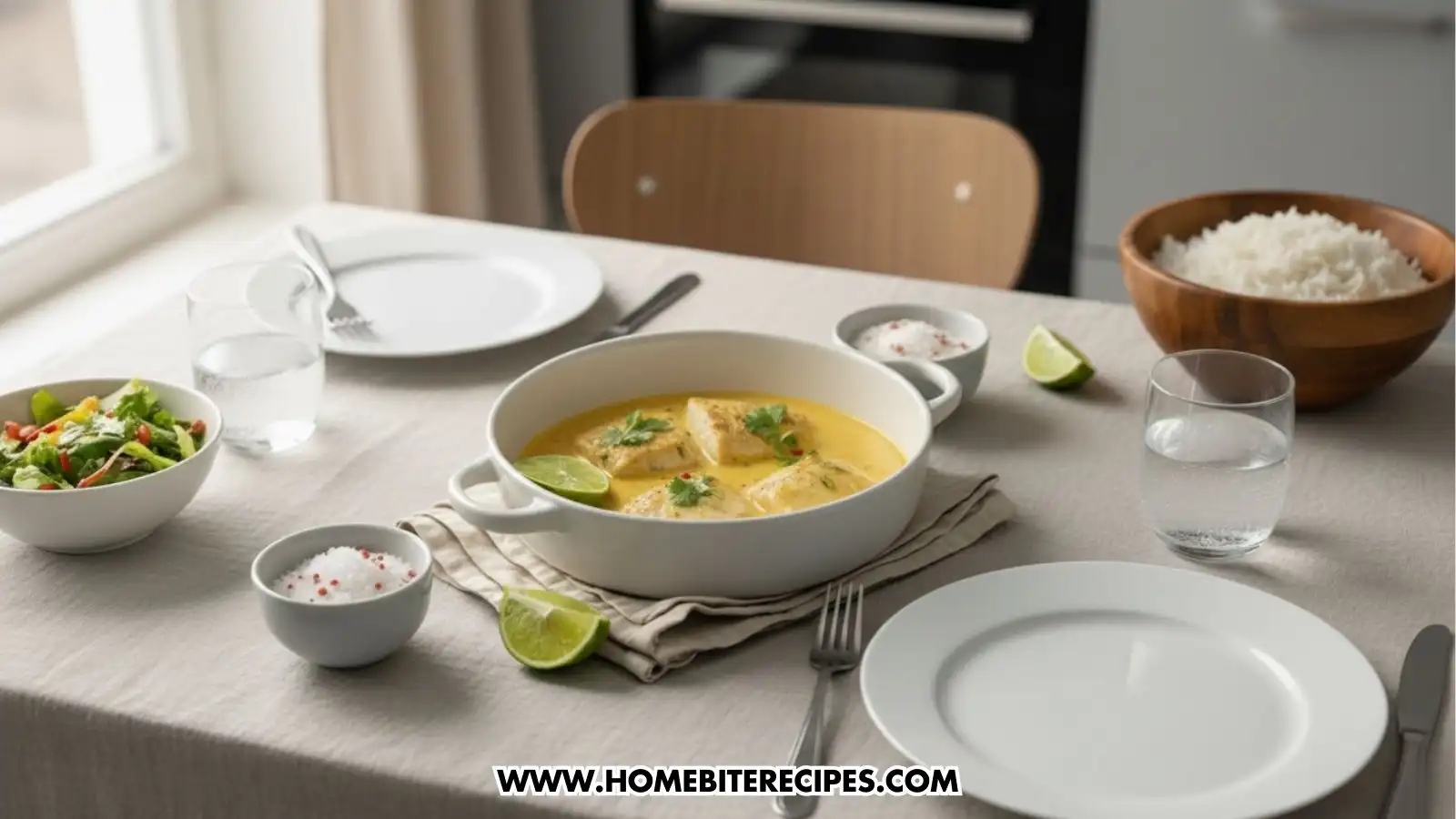 A top-down, cozy dining table setting featuring a white ceramic dish of Creamy Coconut Lime Cod garnished with cilantro and lime wedges. It is served with a side bowl of white rice, a fresh green salad, and small bowls of sea salt. Two place settings with white plates and water glasses complete the scene.