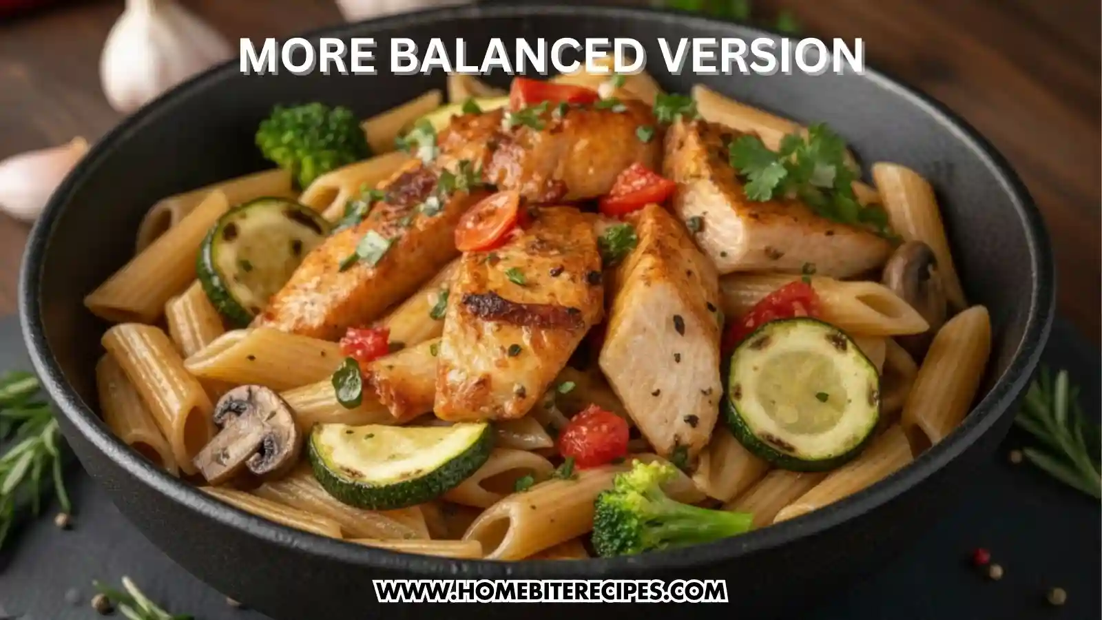 A close-up shot of a bowl of penne pasta mixed with grilled chicken, sliced mushrooms, broccoli florets, and charred zucchini rounds. The dish is garnished with halved cherry tomatoes and fresh parsley, suggesting a vegetable-forward version of the recipe.