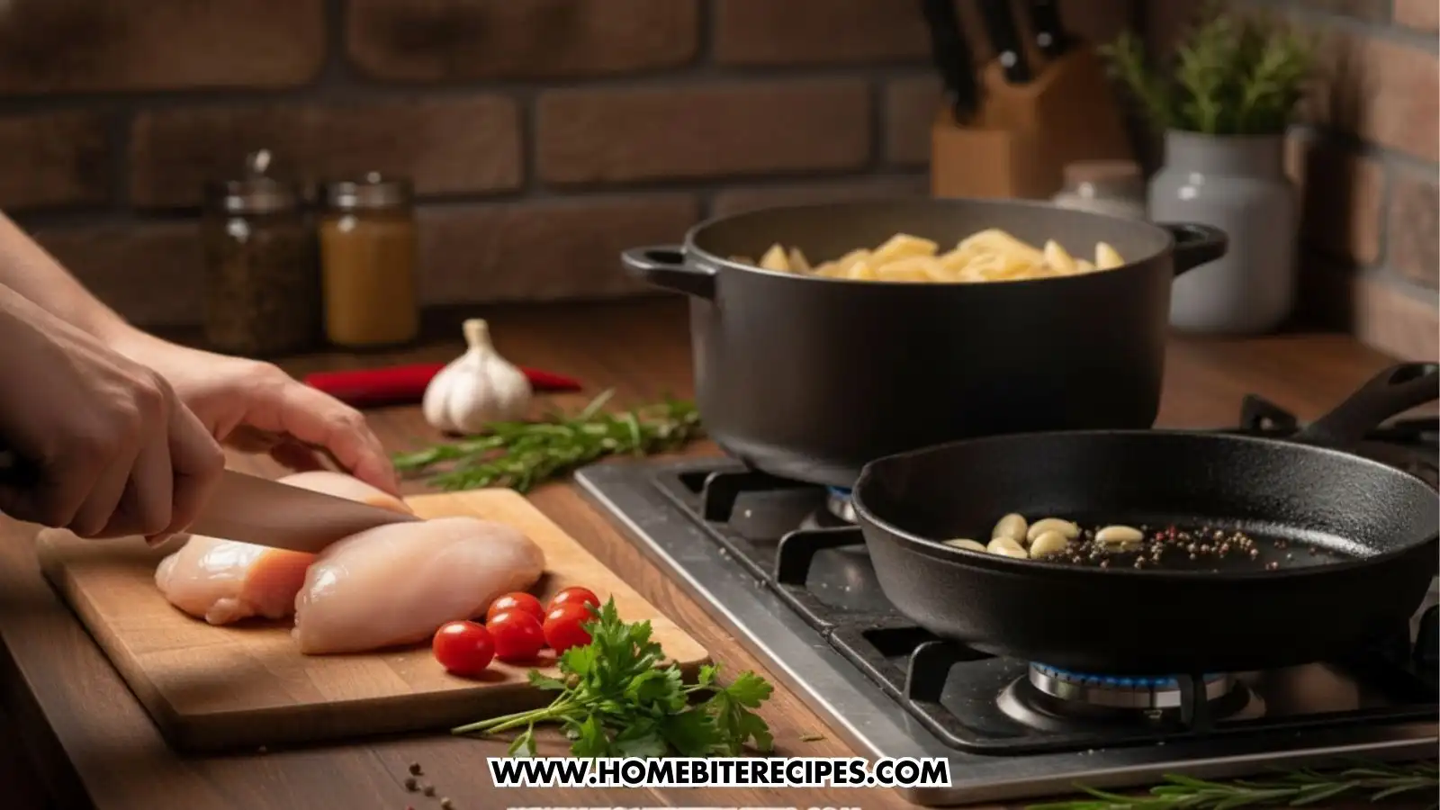A kitchen counter scene showing the preparation of the meal. A person’s hands are shown slicing raw chicken breast on a wooden cutting board next to cherry tomatoes. In the background, a large pot of penne pasta boils on the stove, while a cast-iron skillet with garlic cloves and peppercorns sits on another burner.