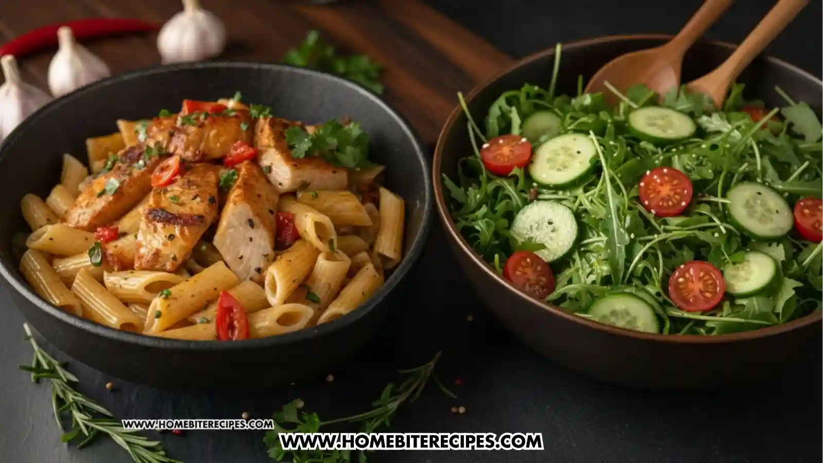 A side-by-side view of two bowls: one contains creamy garlic chicken penne pasta topped with cherry tomatoes and herbs, and the other is a fresh green salad with arugula, sliced cucumbers, and cherry tomatoes. Wooden serving spoons rest in the salad bowl.