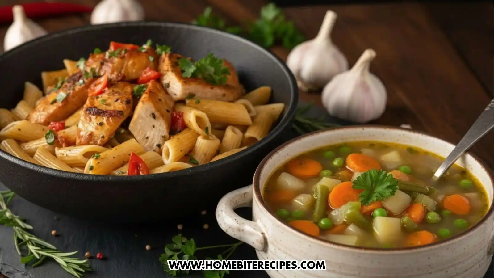 A black bowl filled with penne pasta topped with sliced grilled chicken breast and fresh herbs. Next to it is a ceramic bowl of vegetable soup containing carrots, peas, potatoes, and green beans. The background features whole garlic bulbs and fresh rosemary on a dark wooden surface.