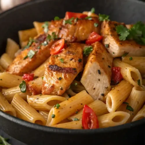 Creamy garlic chicken penne pasta served in a skillet with golden pan-seared chicken, tender penne pasta, fresh herbs, and a rich creamy sauce.