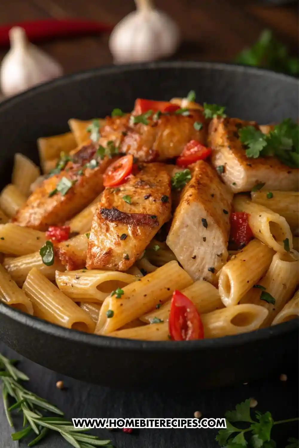 Creamy garlic chicken penne pasta served in a skillet with golden pan-seared chicken, tender penne pasta, fresh herbs, and a rich creamy sauce.