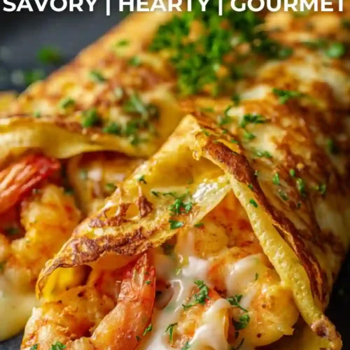 Golden crêpes stuffed with creamy garlic shrimp and melted cheese, garnished with herbs