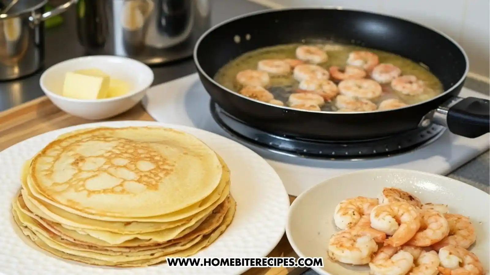 close up of plate cooked crepes arranged on a plate, one on top of the other, next to a pan containing melted butter with garlic in which shrimp are placed for cooking on the heat fire