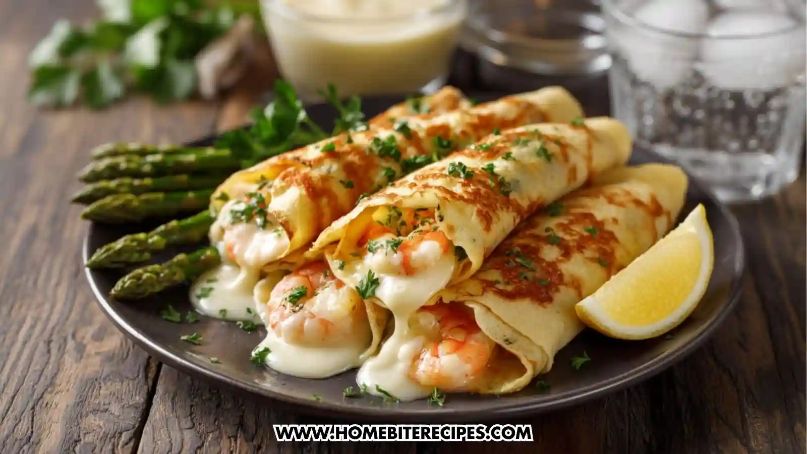 Creamy Garlic Shrimp Crêpes served with roasted asparagus and a slice of lemon in the same dish and a cup of sparkling water