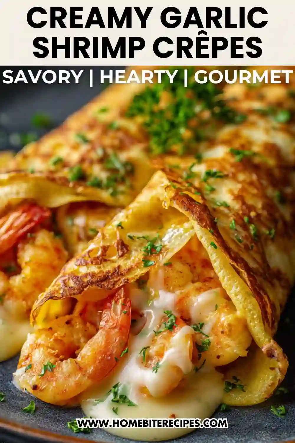 Golden crêpes stuffed with creamy garlic shrimp and melted cheese, garnished with herbs