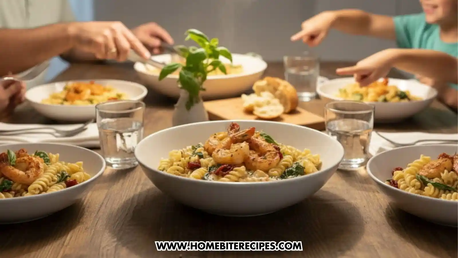 A family dinner scene featuring several bowls of creamy shrimp and sun-dried tomato pasta spread across a wooden dining table. Hands are visible reaching for the food and pointing, with glasses of water and a small vase of basil centered among the plates.