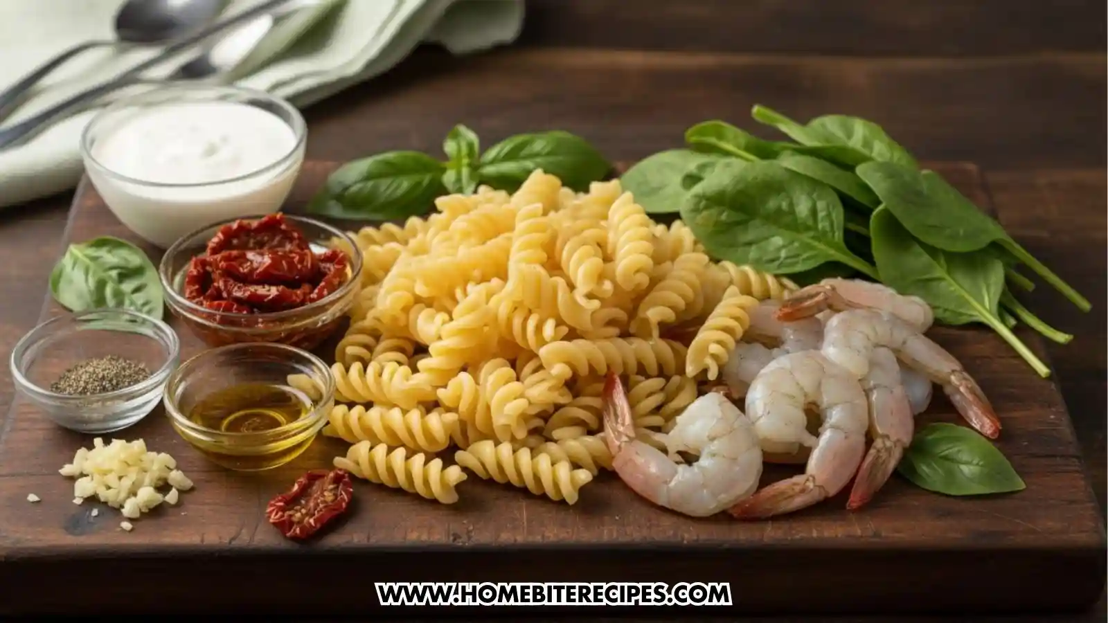 Raw ingredients for shrimp pasta arranged on a dark wooden cutting board. The layout includes a pile of dry rotini pasta, fresh raw shrimp, a bowl of heavy cream, sun-dried tomatoes, fresh spinach leaves, minced garlic, olive oil, and black pepper.