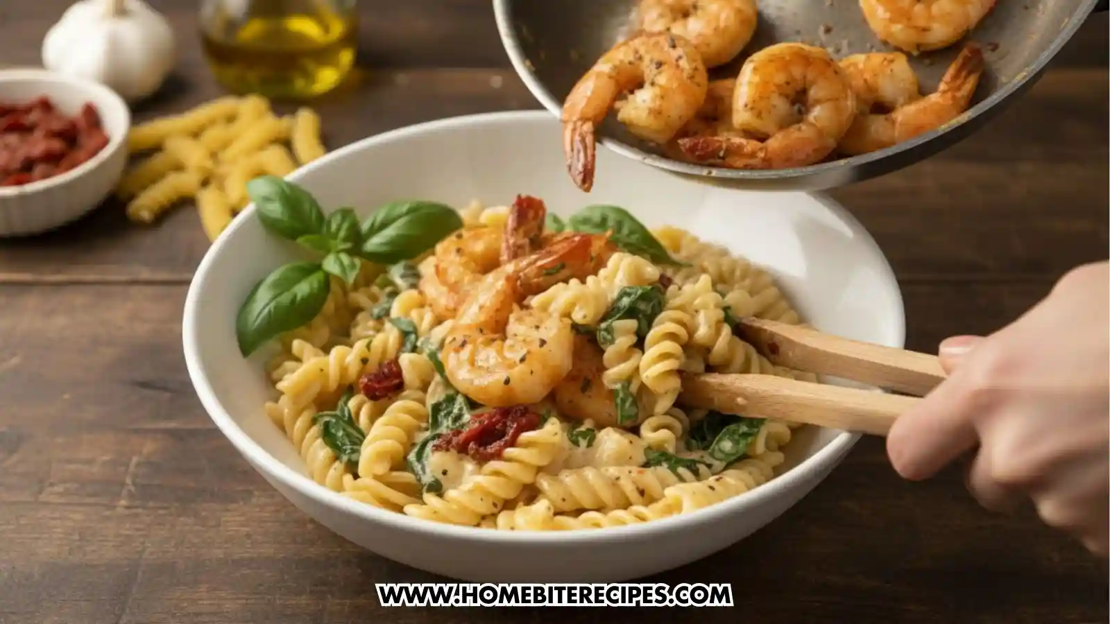 A close-up action shot of seasoned, cooked shrimp being poured from a silver skillet into a white bowl of creamy rotini pasta mixed with spinach and sun-dried tomatoes. Wooden tongs are shown tossing the pasta, while fresh basil, garlic, and dry pasta are visible on the wooden table in the background.