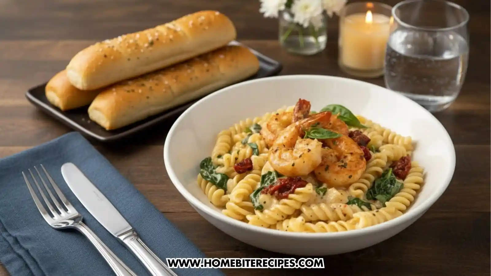 A single white bowl of creamy rotini pasta topped with four large grilled shrimp, sun-dried tomatoes, and fresh basil leaves. The dish is served on a dark wooden table with a side of three golden-brown breadsticks, a blue napkin with silverware, and a lit candle in the background.