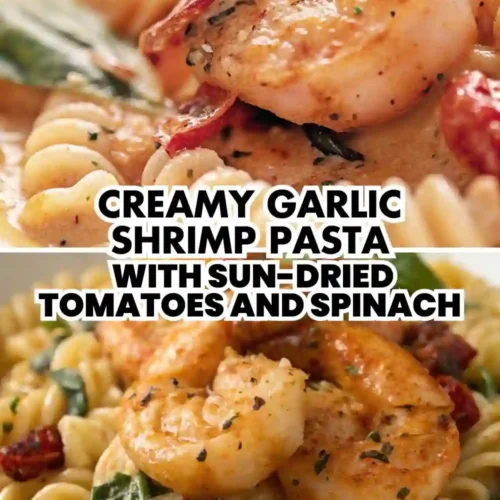 Creamy garlic shrimp pasta with sun-dried tomatoes and spinach served over short pasta in a rich parmesan cream sauce.