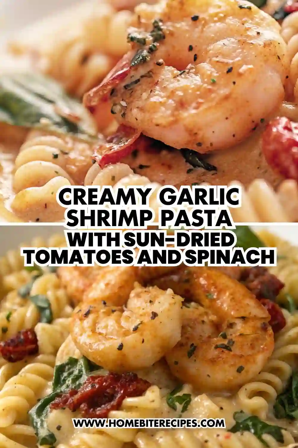 Creamy garlic shrimp pasta with sun-dried tomatoes and spinach served over short pasta in a rich parmesan cream sauce.