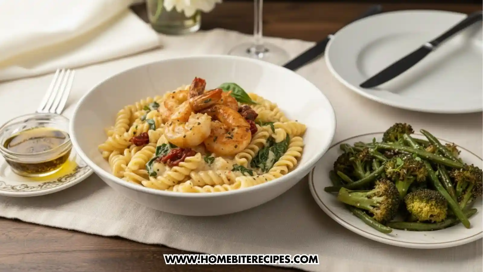 A plated meal of creamy garlic shrimp pasta paired with a side dish of roasted broccoli and green beans. A small glass bowl of olive oil sits to the left, and the setting is arranged on a light-colored linen runner over a wooden table.
