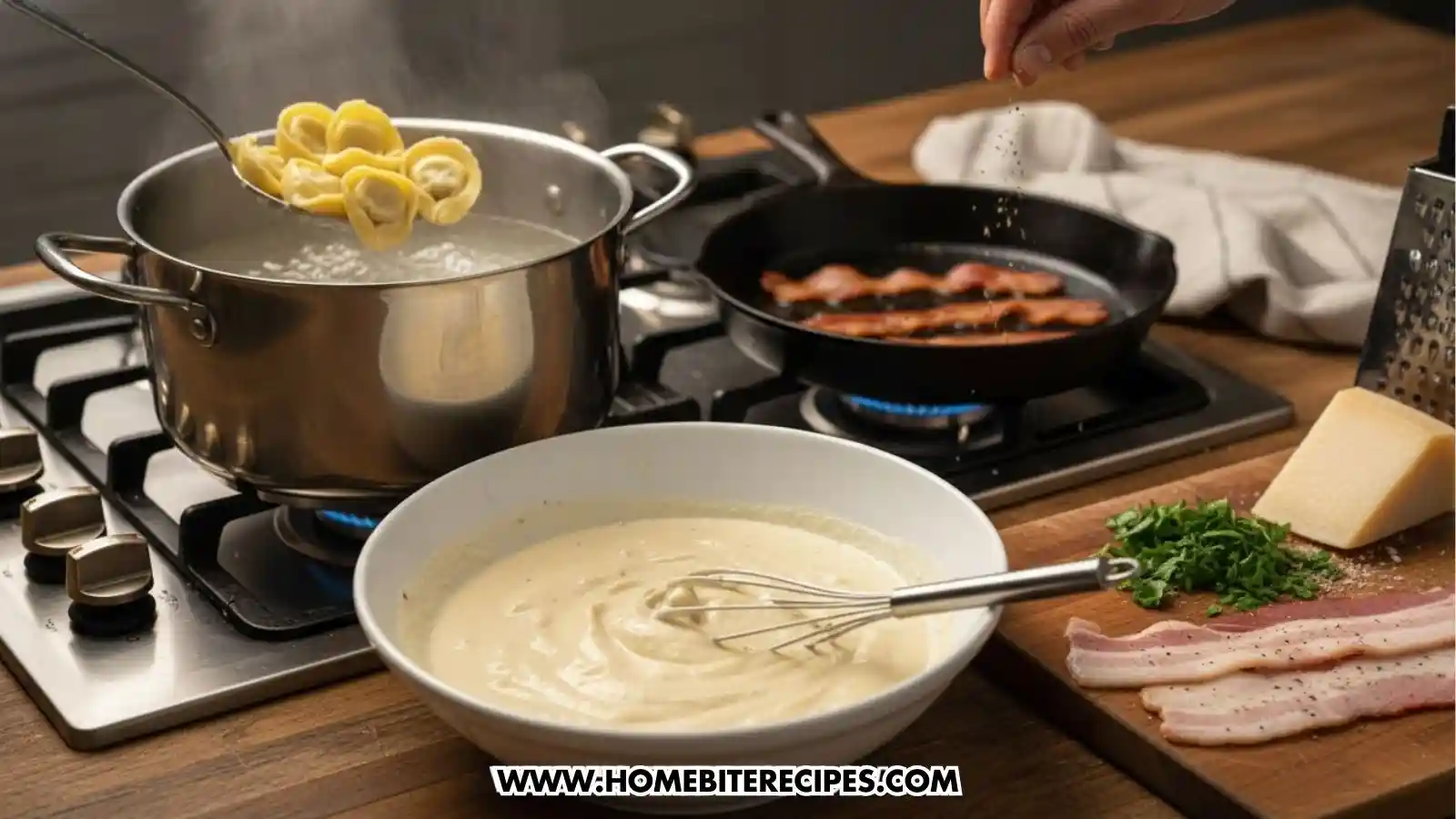 A kitchen counter showing the cooking process of the meal. A stainless steel pot of boiling water has tortellini being lifted out with a slotted spoon. In the background, bacon strips fry in a cast-iron skillet. In the foreground, a whisk rests in a bowl of creamy white sauce next to a wooden cutting board with raw bacon, fresh parsley, and a block of parmesan cheese.