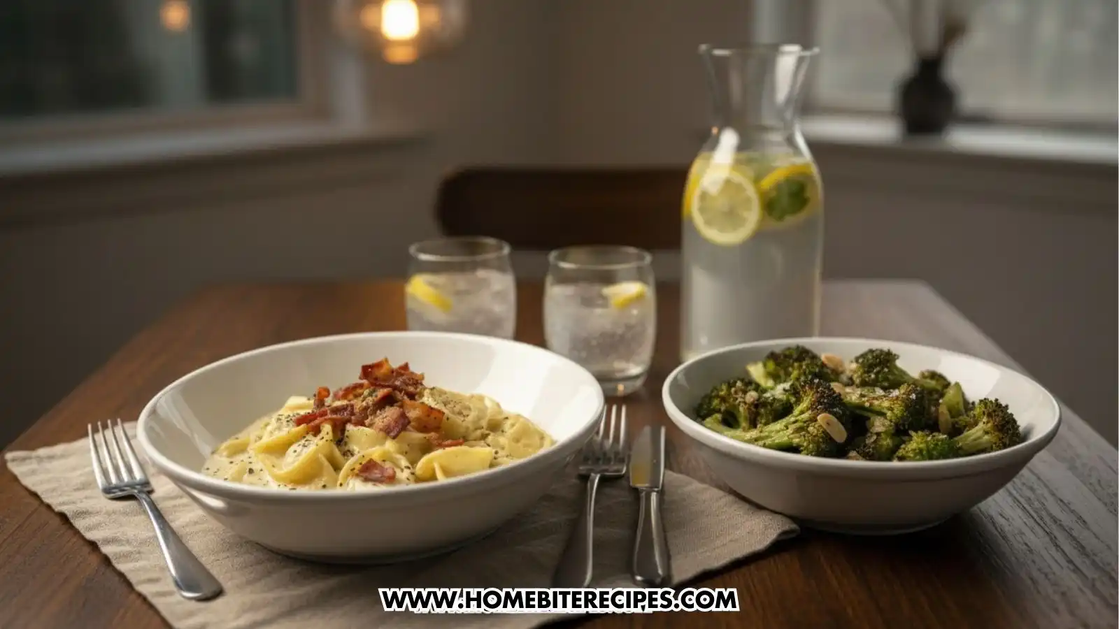 A full dinner table setting featuring a white bowl of creamy tortellini topped with crispy bacon bits and black pepper. To the side is a bowl of roasted broccoli florets with sliced almonds. In the background, two glasses of water with lemon slices and a carafe of lemon water are visible on a wooden table.