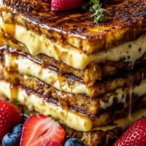 Stacked crème brûlée French toast made with thick brioche slices, creamy custard filling, caramelized sugar topping, and maple syrup dripping down the sides.