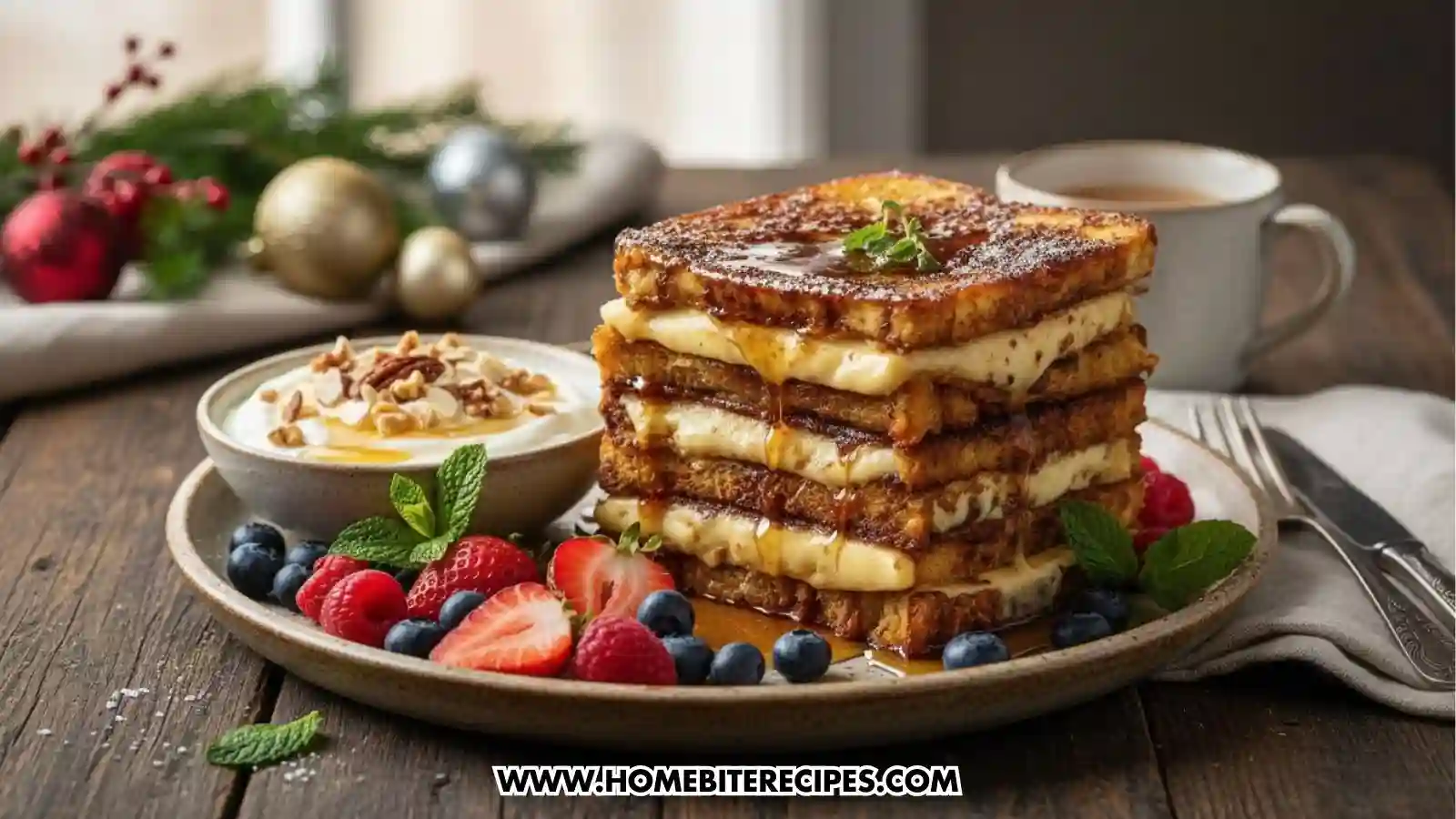 A sophisticated brunch presentation featuring a tall stack of four French toast sandwiches with creamy filling, dripping with maple syrup. The plate is garnished with mint leaves, raspberries, blueberries, and strawberries, served alongside a small bowl of yogurt topped with nuts and a cup of coffee.