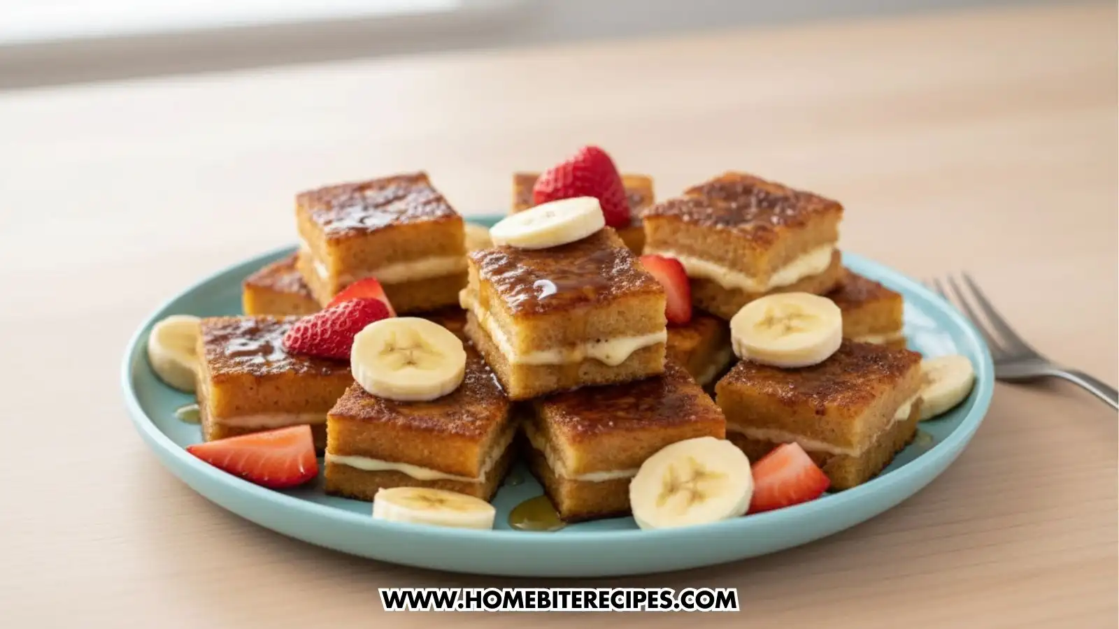 A light blue plate filled with bite-sized, square French toast sandwiches. Each sandwich has a visible creamy custard filling and a caramelized top. The plate is garnished with fresh banana slices and halved strawberries, drizzled with maple syrup.