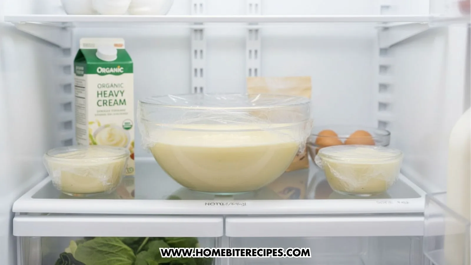 The interior of a clean white refrigerator showing meal preparation. On the middle shelf, a large glass bowl and two smaller glass bowls are filled with a pale yellow custard mixture, each tightly sealed with plastic wrap. A carton of organic heavy cream and a carton of eggs are visible in the background.