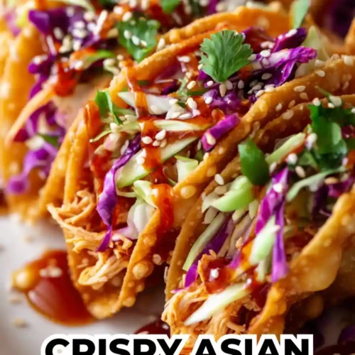 Crispy fried chicken tacos shells filled with shredded chicken, colorful cabbage slaw, cilantro, sesame seeds, and sweet chili sauce.