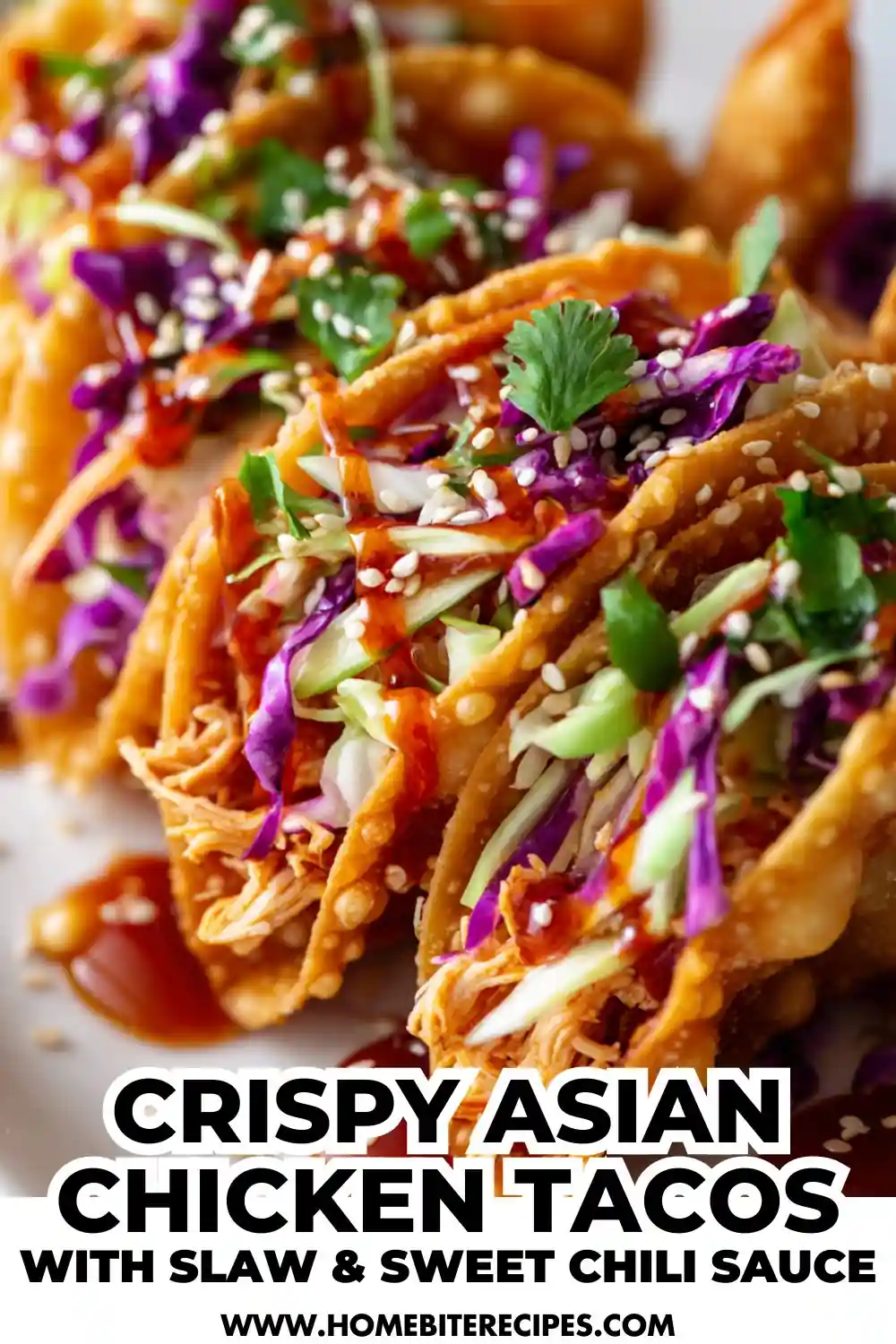 Crispy fried chicken tacos shells filled with shredded chicken, colorful cabbage slaw, cilantro, sesame seeds, and sweet chili sauce.
