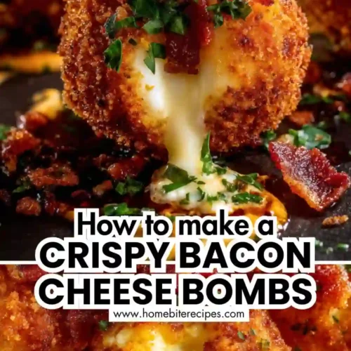 Golden crispy cheese-stuffed balls with melted mozzarella oozing out, topped with crumbled bacon and fresh herbs.