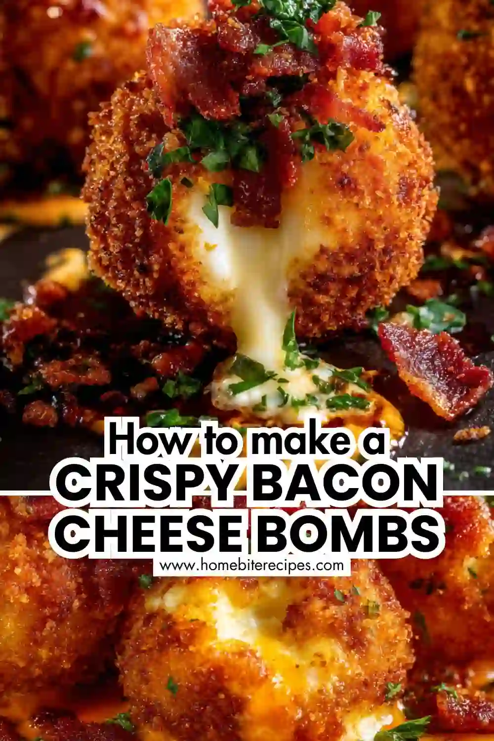 Golden crispy cheese-stuffed balls with melted mozzarella oozing out, topped with crumbled bacon and fresh herbs.