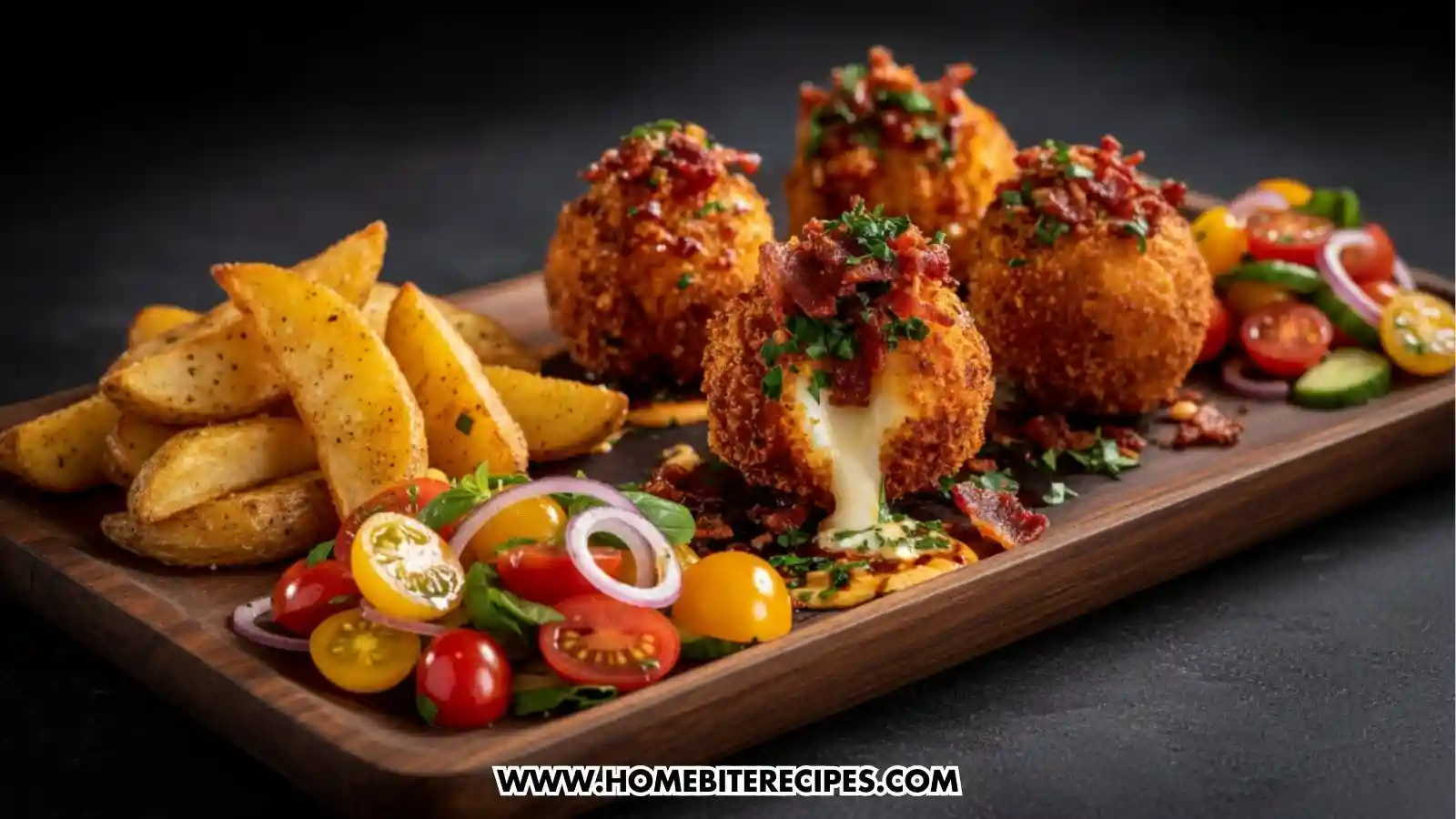 Crispy Bacon Cheese Bombs served with roasted potato wedges and a fresh tomato salad, on the same elegant wood plate