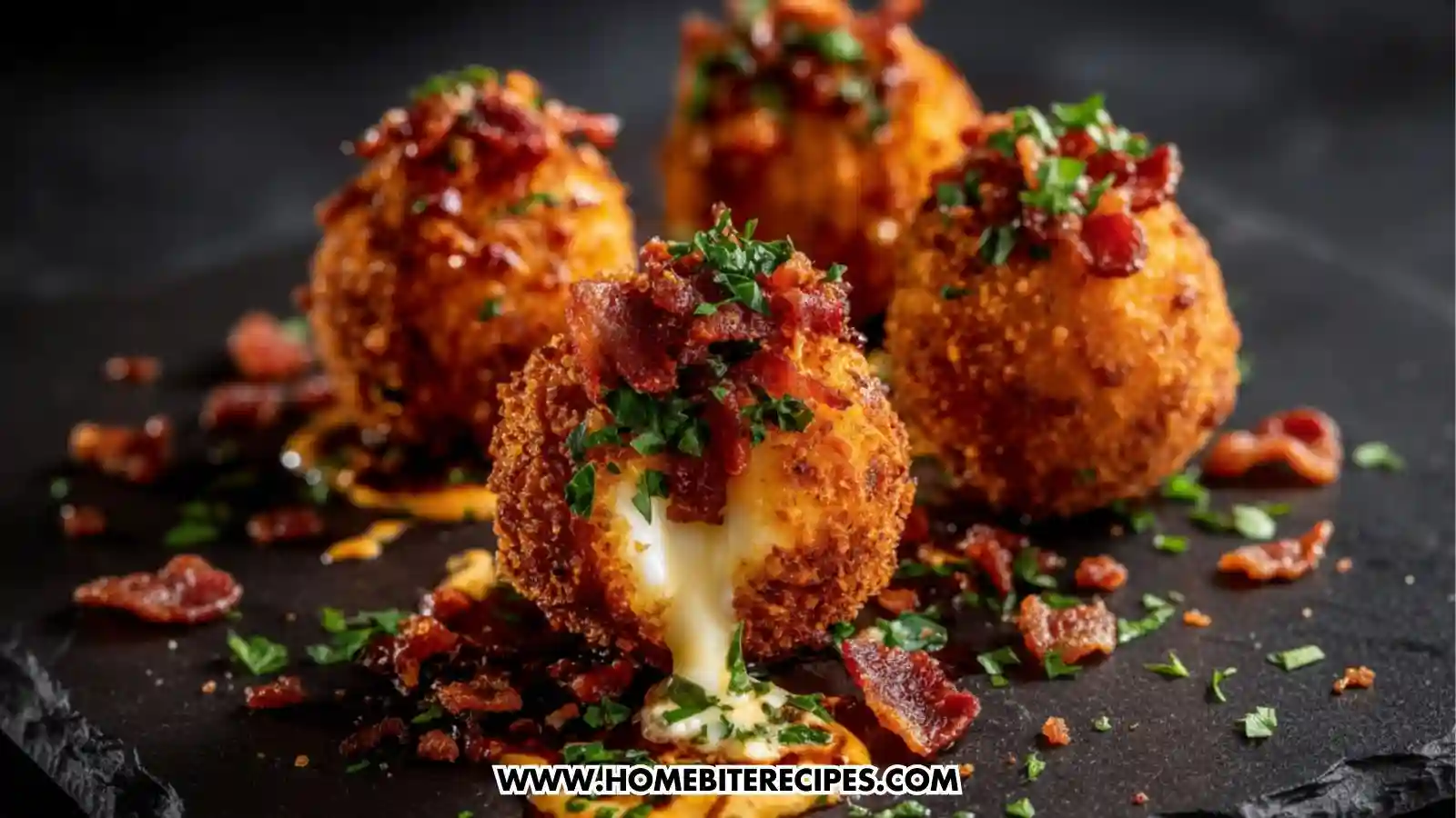 Golden crispy cheese-stuffed balls with melted mozzarella oozing out, topped with crumbled bacon and fresh herbs.