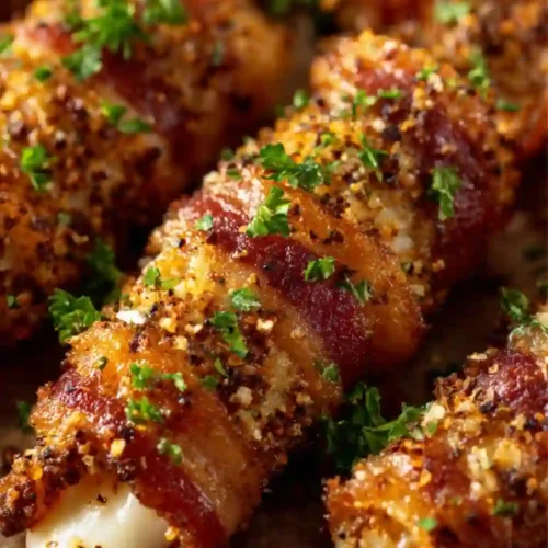 Crispy bacon-wrapped mozzarella bites garnished with herbs, baked until golden and cheesy, served as a savory appetizer.