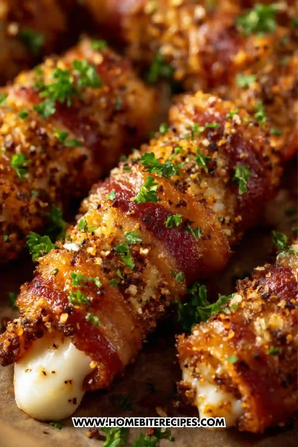 Crispy bacon-wrapped mozzarella bites garnished with herbs, baked until golden and cheesy, served as a savory appetizer.