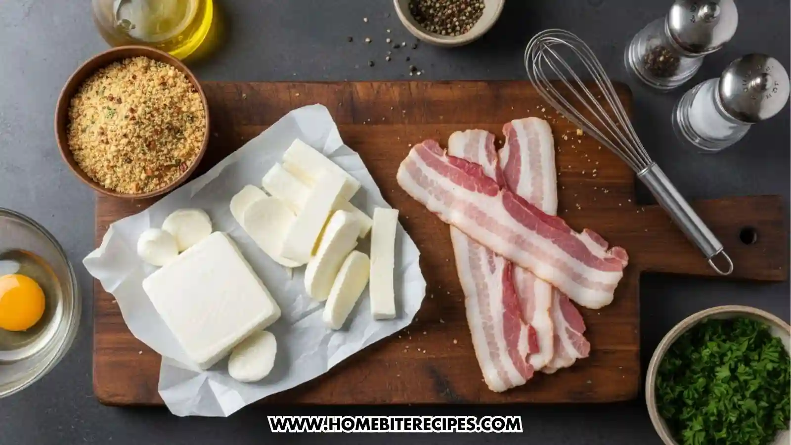 An overhead shot of ingredients for Crispy Bacon Wrapped Mozzarella Bites arranged on a dark countertop. A wooden cutting board holds thick slices of fresh mozzarella cheese on parchment paper next to strips of raw bacon. Surrounding the board are small bowls containing breadcrumbs, a cracked egg, fresh chopped parsley, and olive oil, along with a wire whisk and salt and pepper shakers.